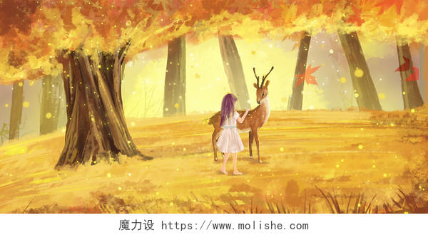 世界动物日唯美森林女孩和鹿风景秋分秋天插画背景